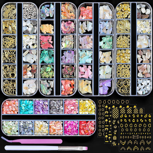 editTime front packaging of 5-box seashell nail art kit showing contents for creative designs