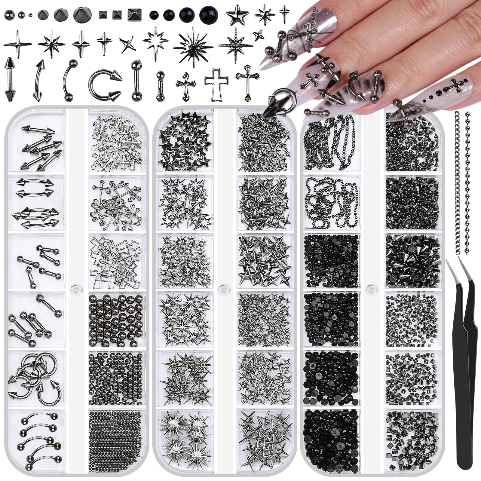 editTime front view of three goth nail charm boxes showing neat storage and variety