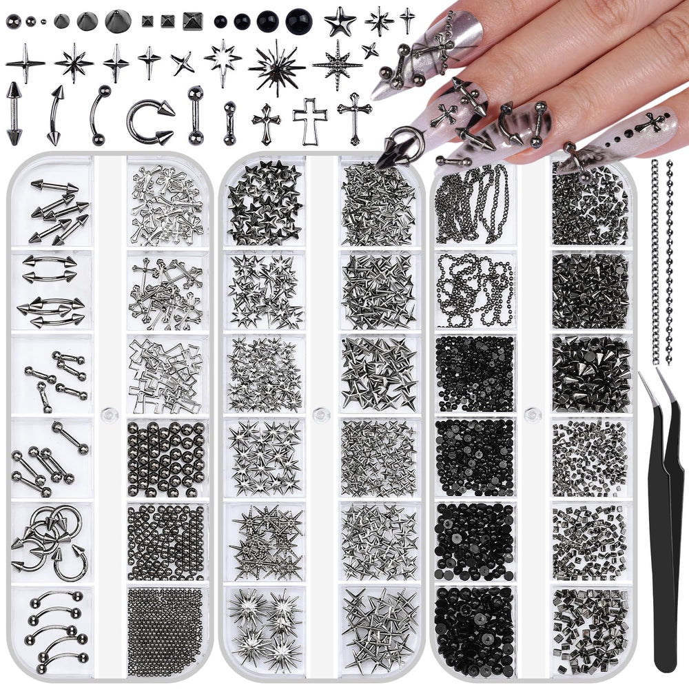 editTime front view of three goth nail charm boxes showing neat storage and variety