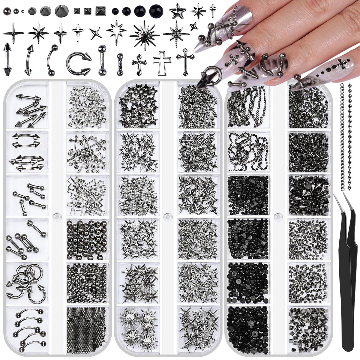 editTime front view of three goth nail charm boxes showing neat storage and variety