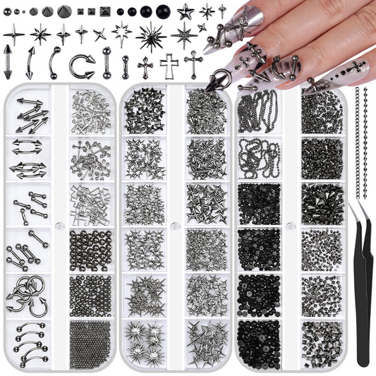 editTime front view of three goth nail charm boxes showing neat storage and variety