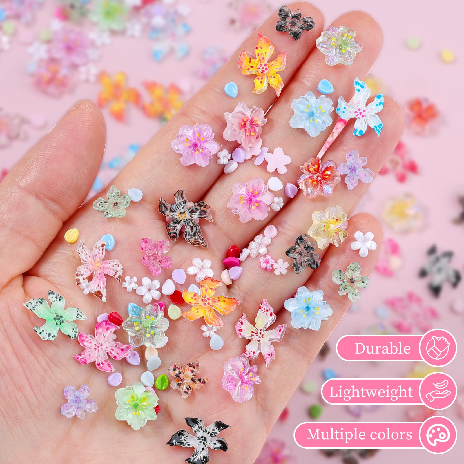 editTime floral charms applied on nails, provides instant tropical look