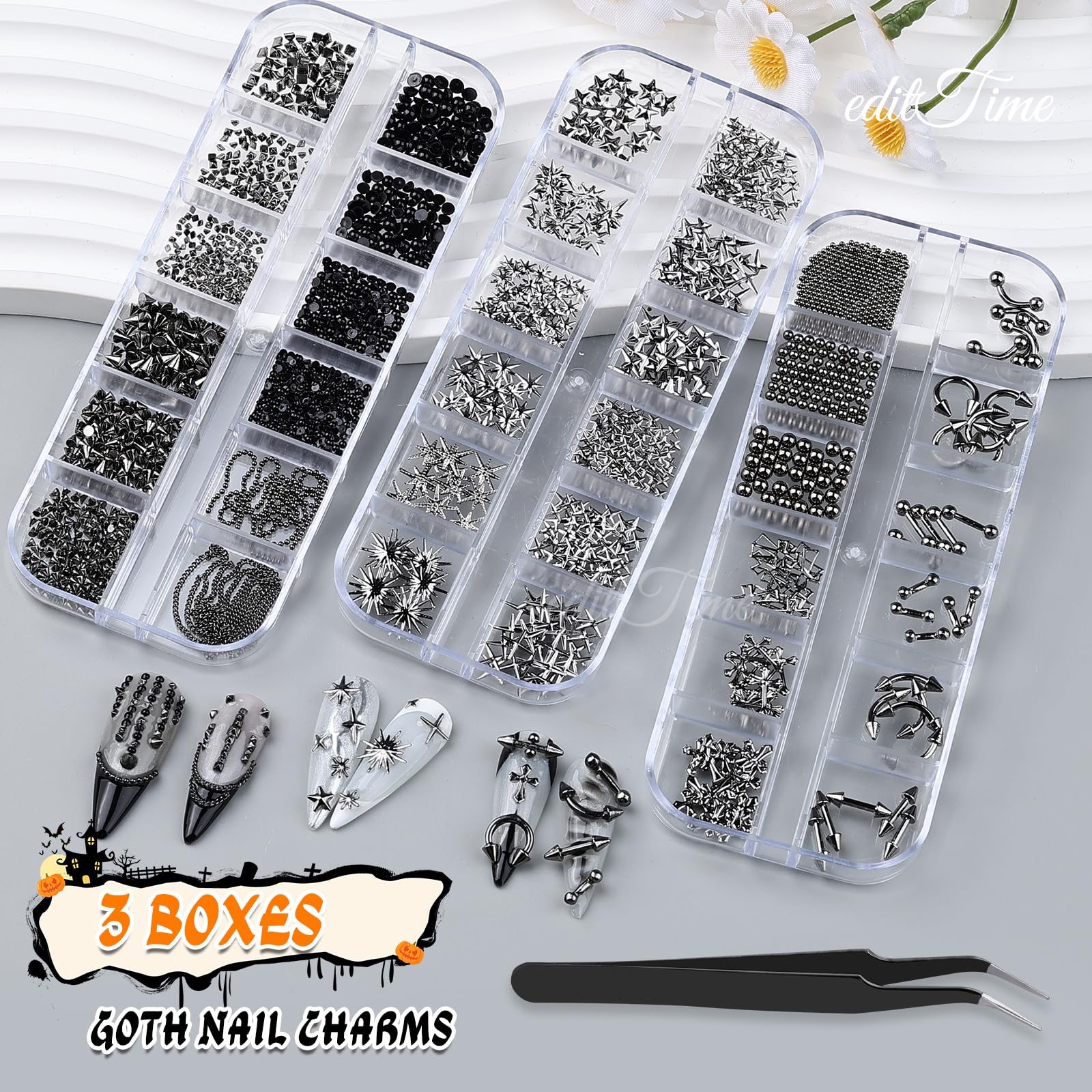 editTime applied on a fingernail showing glam goth design and wearable comfort