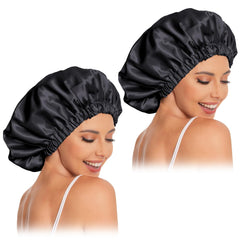 Edoneery front view of two black satin bonnets showing neat fold and color benefit protection