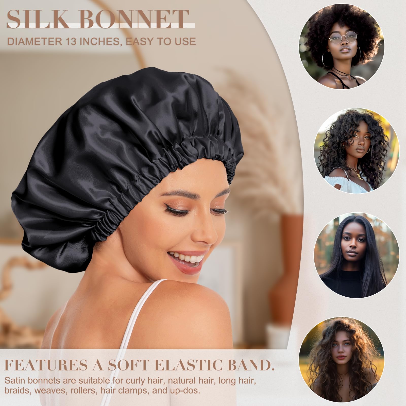 Edoneery bonnet worn by model with curly hair showing maintained shape and reduced frizz