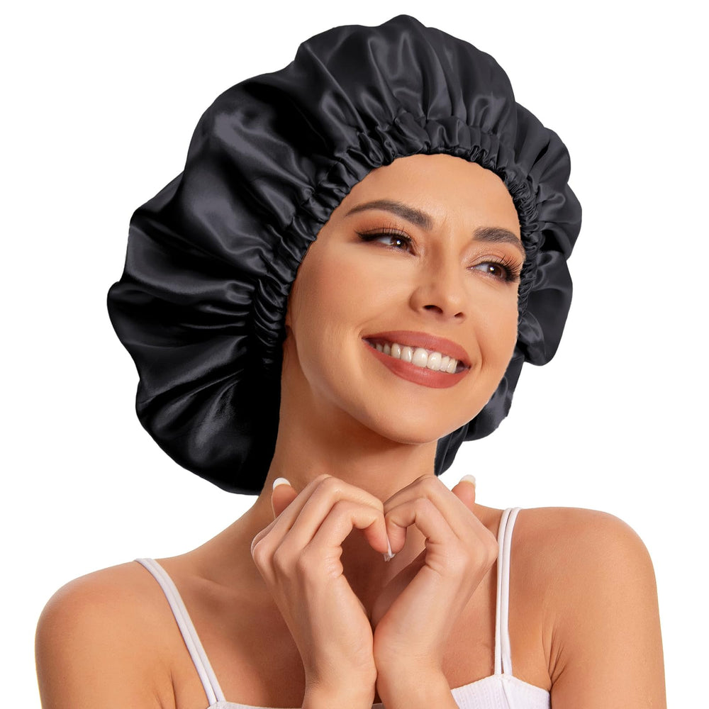 Edoneery bonnet on model sleeping demonstrating reduced friction and frizz