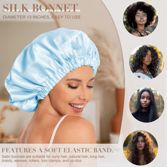 Edoneery bonnet worn by model sleeping to preserve curls and prevent frizz