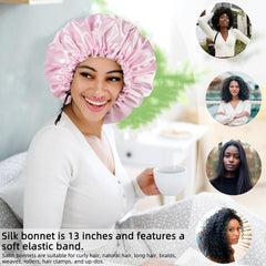 Edoneery model sleeping sideways wearing bonnet to protect curls