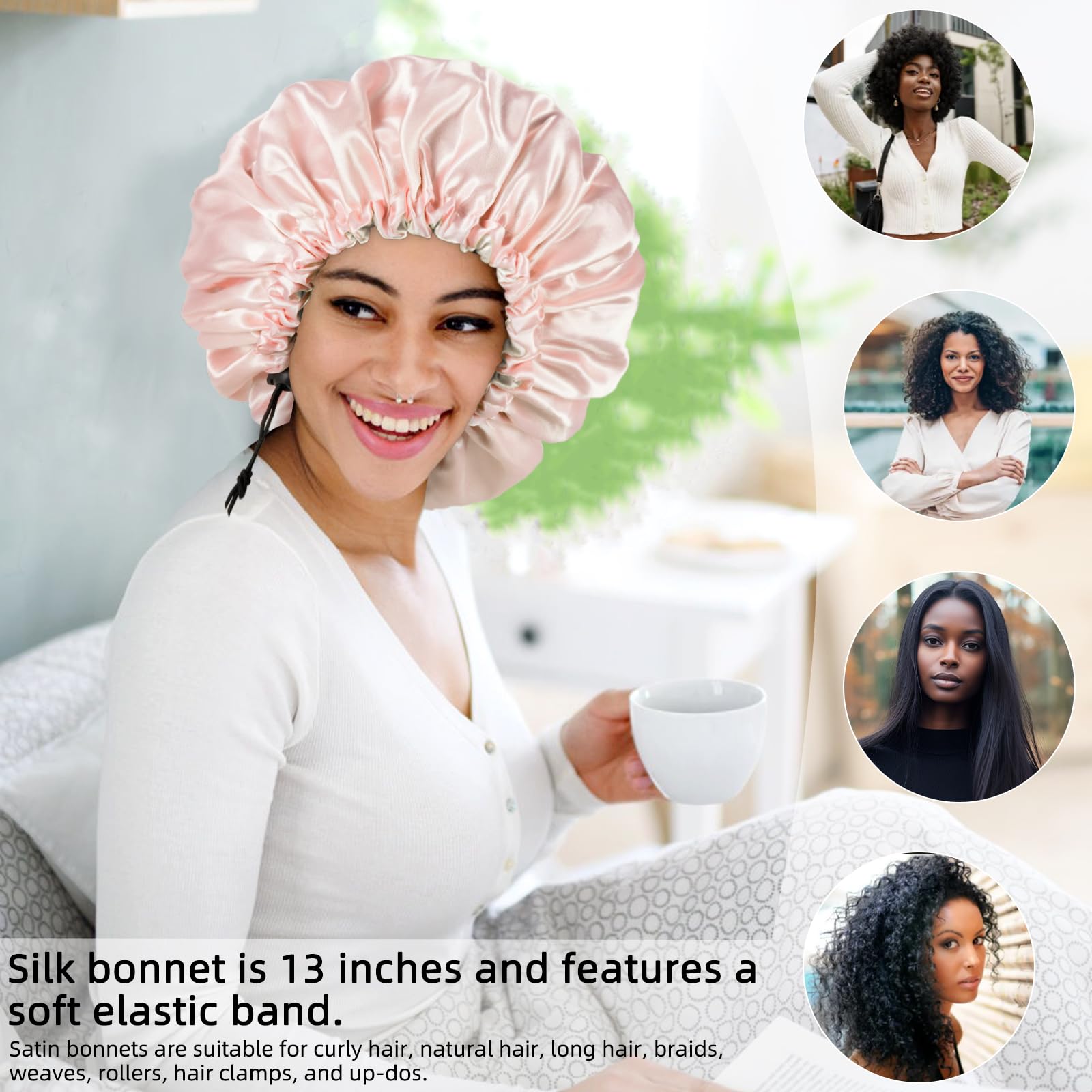Edoneery bonnet on model with curly hair keeping curls intact