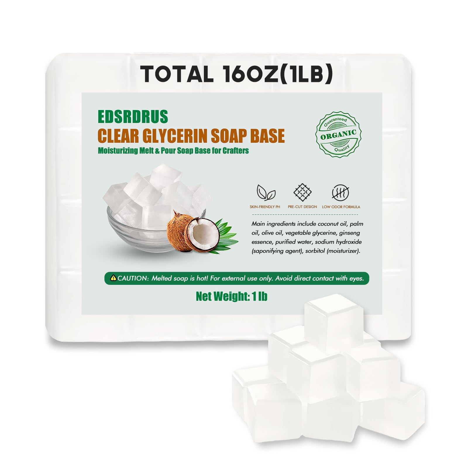 EDSRDRUS front packaging showing 1LB glycerin base and clear labeling for easy identification