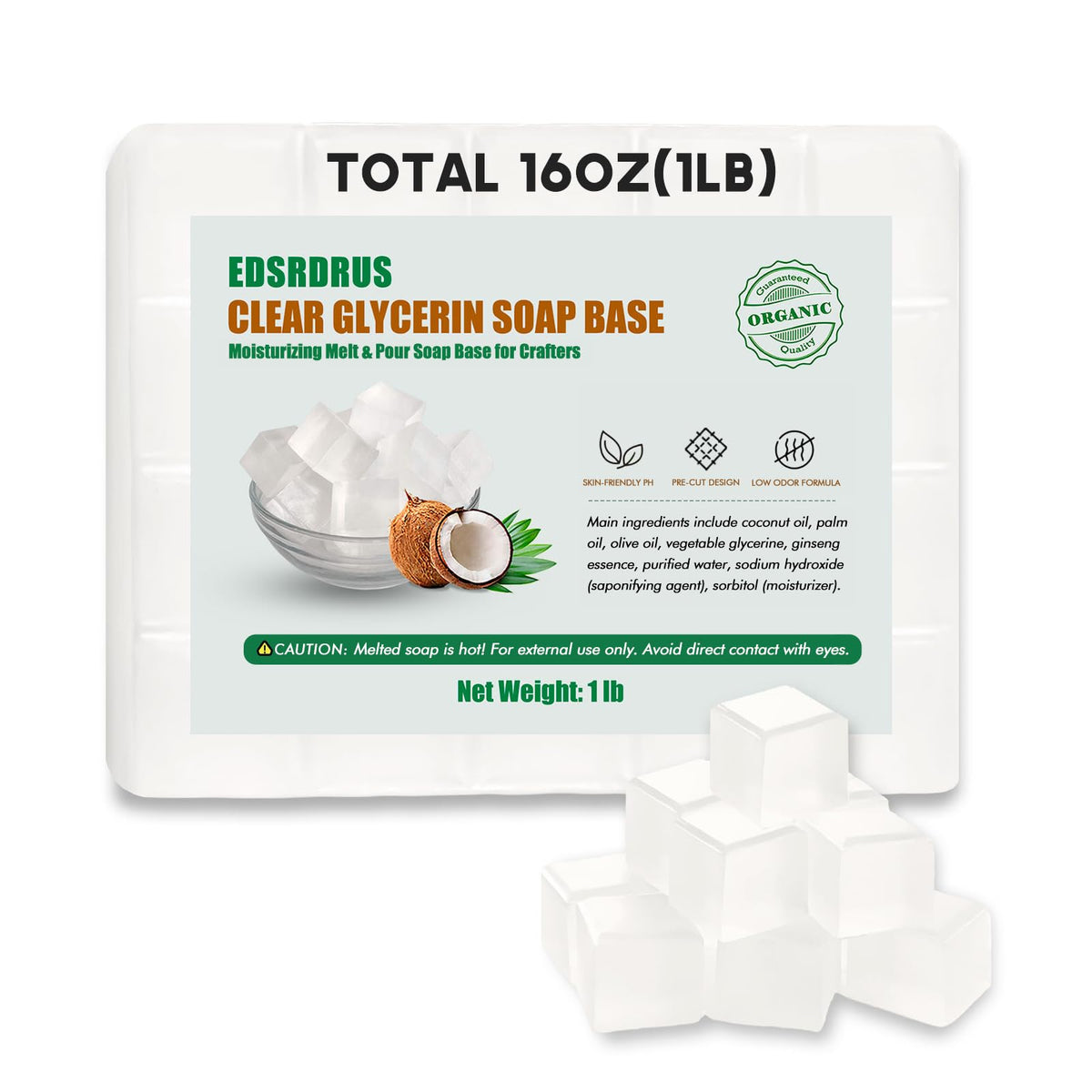 EDSRDRUS front packaging showing 1LB glycerin base and clear labeling for easy identification