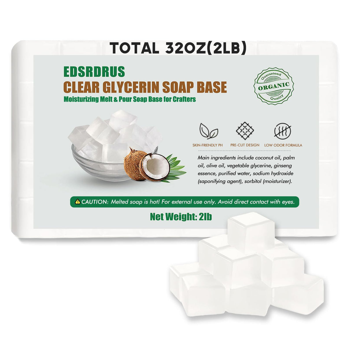 EDSRDRUS front packaging clear 2lb block shows neat cubes and benefits