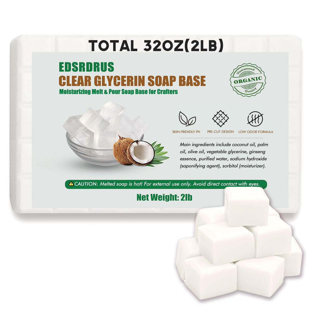 EDSRDRUS front packaging showing 2LB glycerin soap base and benefits