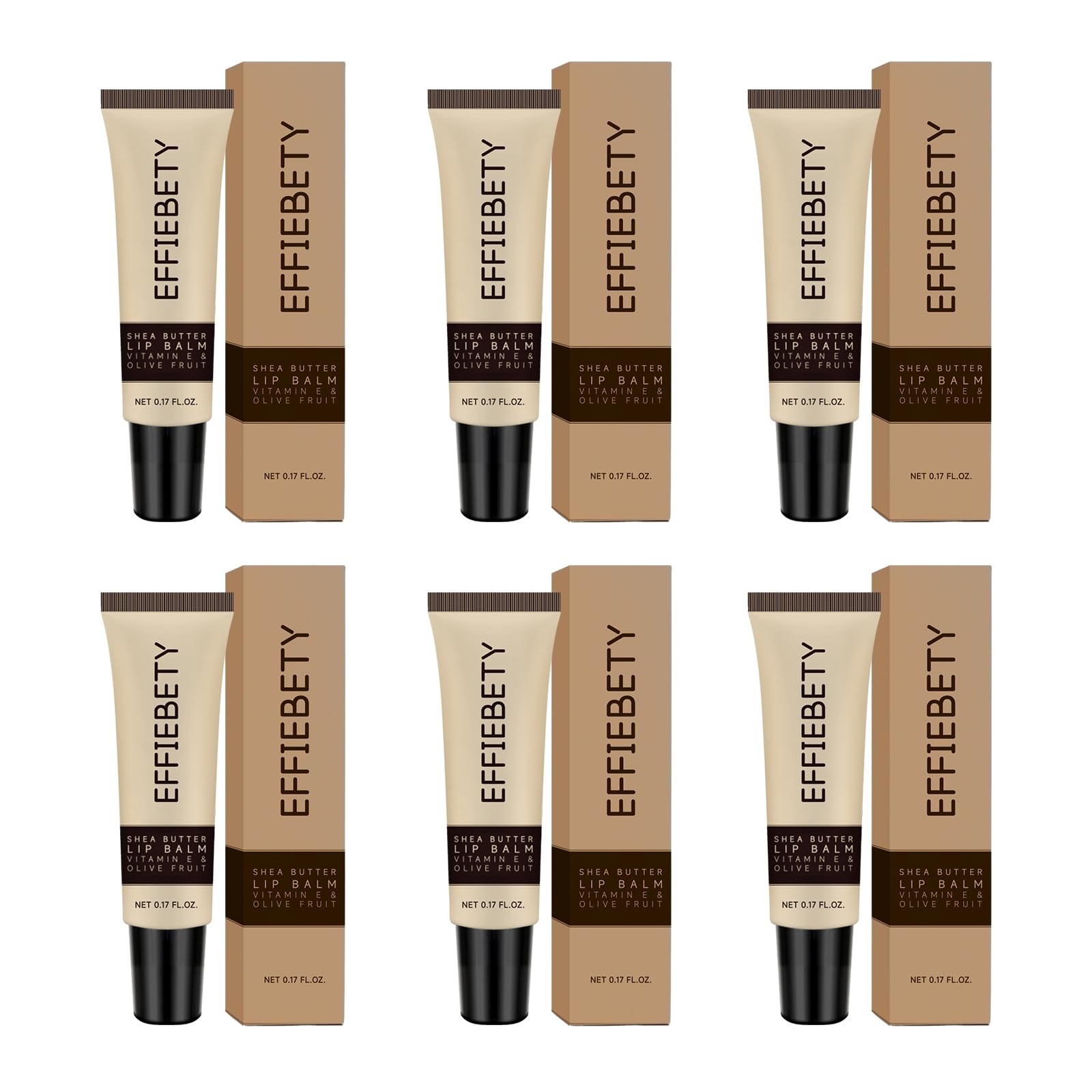 EFFIEBETY front packaging showing six shea butter lip balm tubes and gift-ready presentation