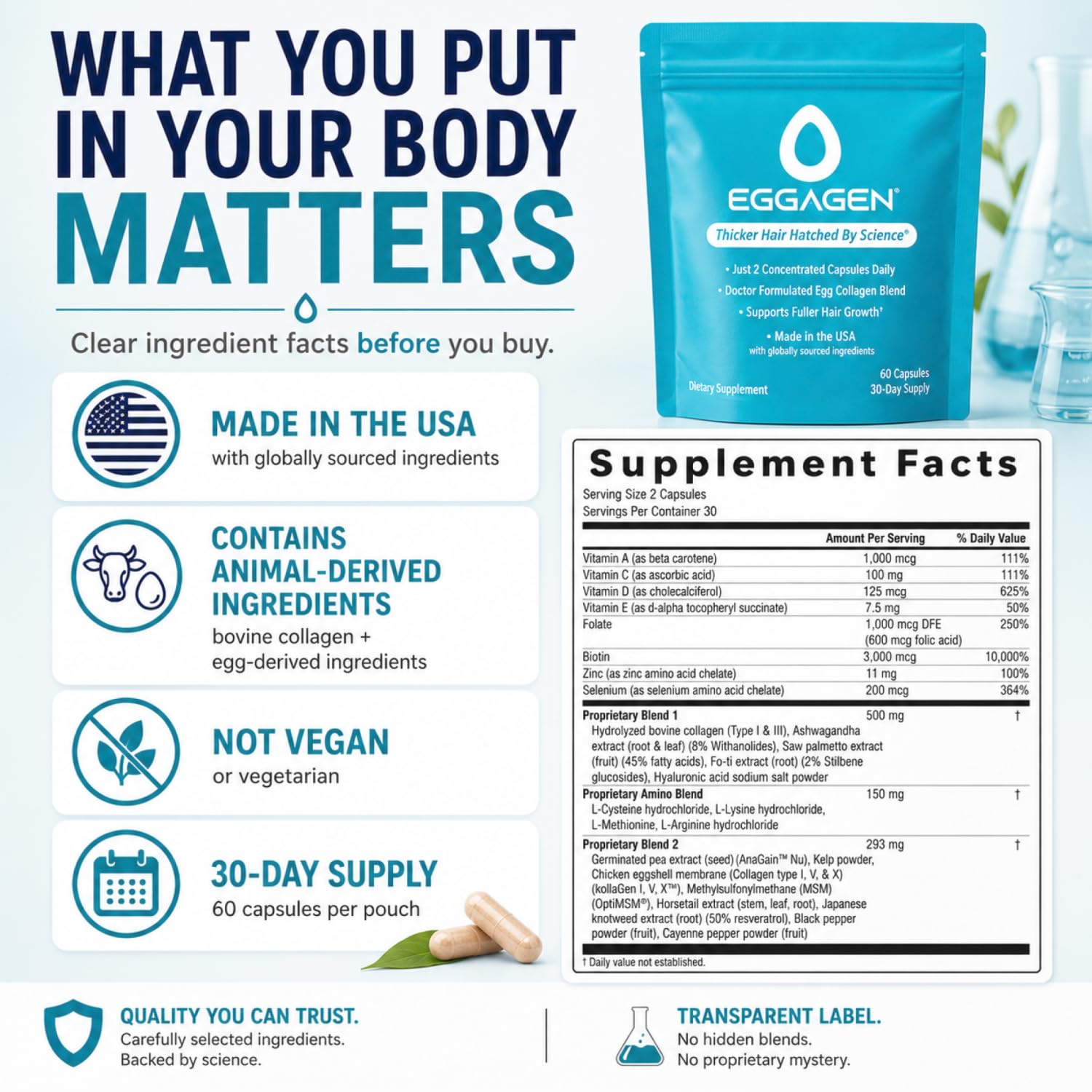 Eggagen supplement label and nutrition panel indicating ingredient transparency