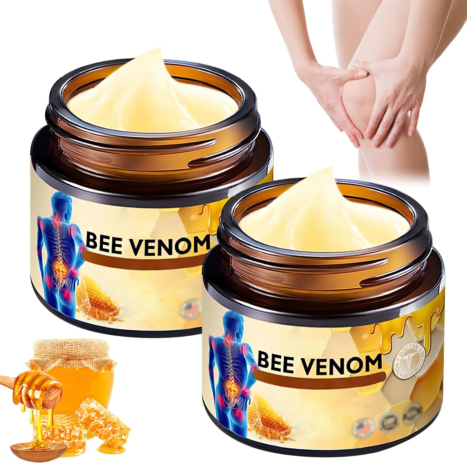 Egmsic front packaging showing two compact bee venom cream bottles and benefits