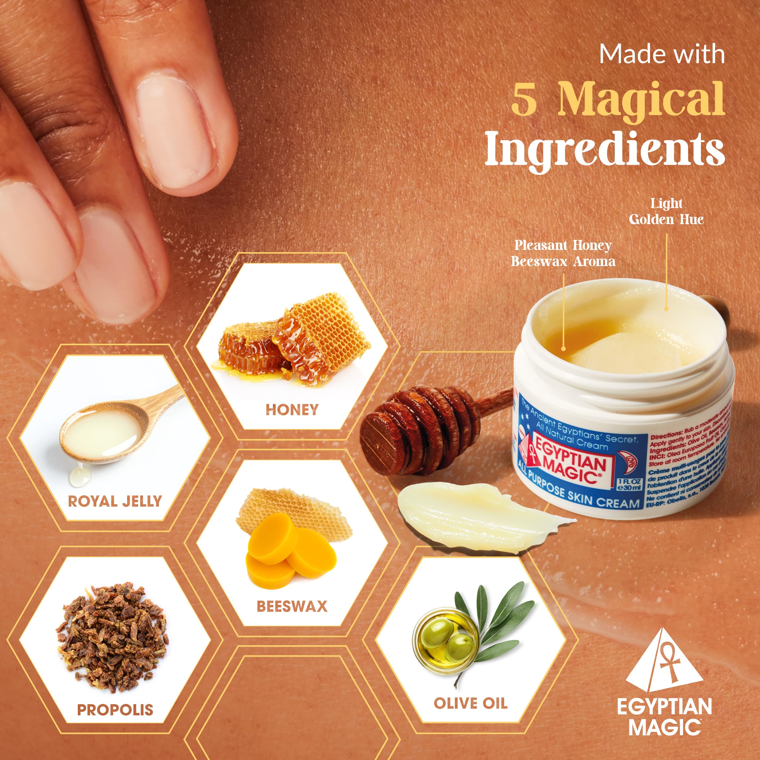 natural ingredients layout with honey and olive oil, Egyptian Magic highlights purity
