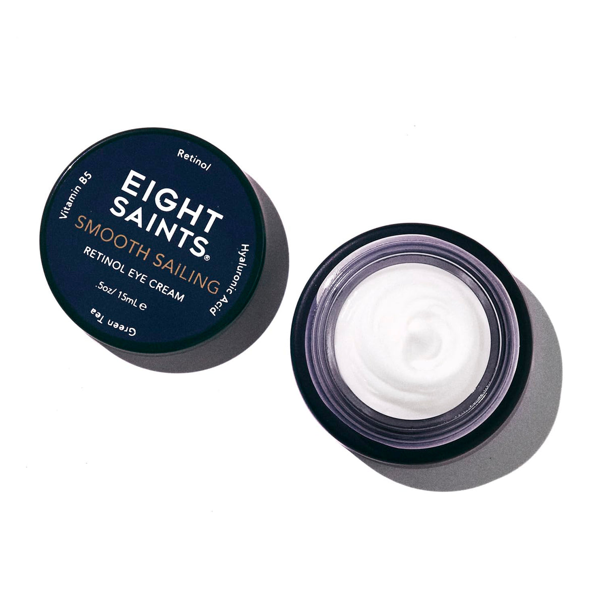 Eight Saints front jar shot showing compact 0.5 oz eye cream for targeted smoothing