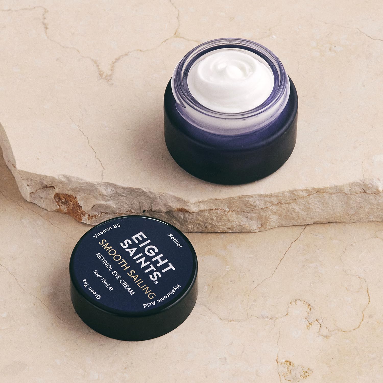 Key ingredients display with retinol hyaluronic acid vitamin B5 and green tea by Eight Saints