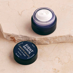 Key ingredients display with retinol hyaluronic acid vitamin B5 and green tea by Eight Saints