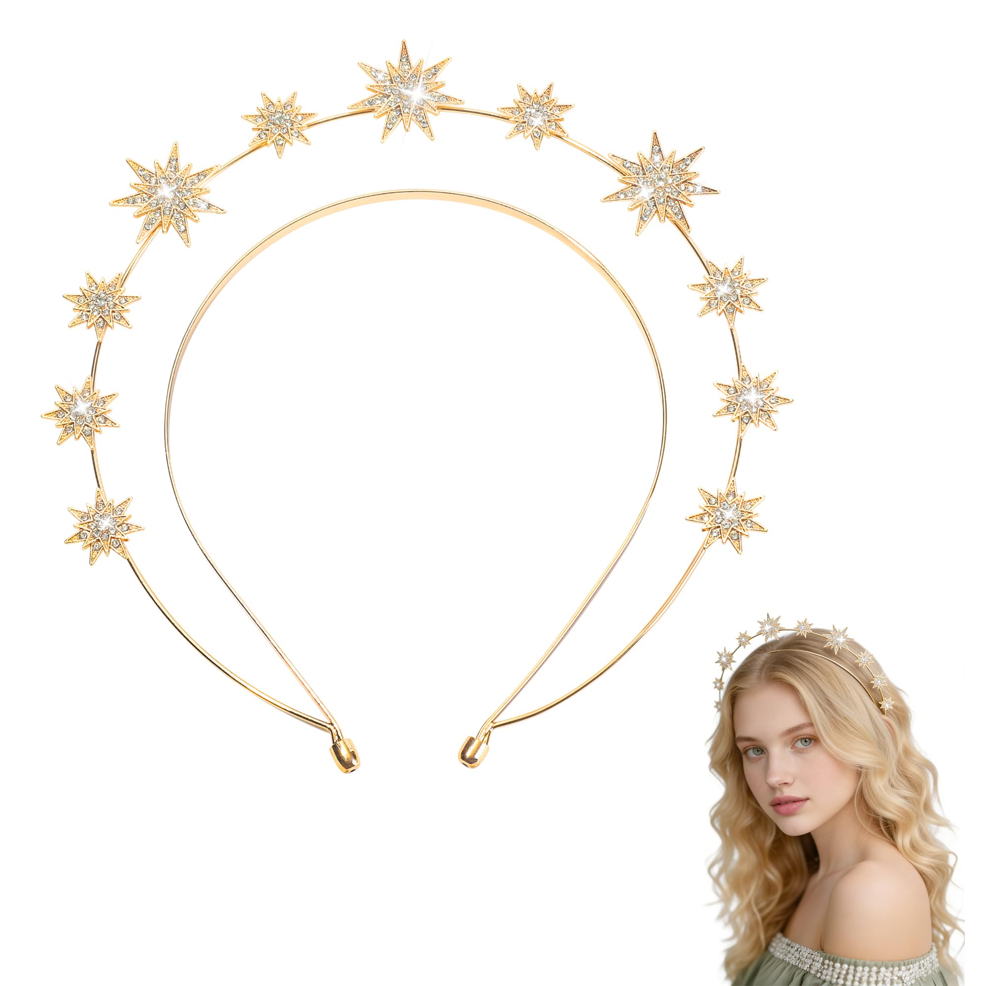 Eiodoni gold halo front view showing radiant rhinestone crown and elegant silhouette