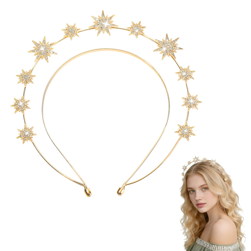 Eiodoni gold halo front view showing radiant rhinestone crown and elegant silhouette