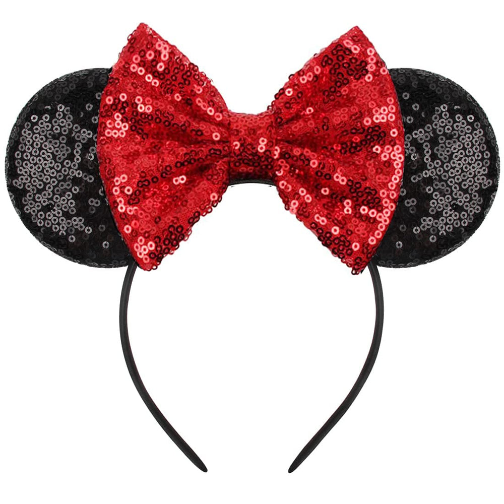 Eisyaa front view of pink sequin mouse ears headband with bright sparkle