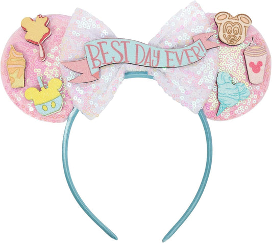 Eisyaa sequined mouse ears headband front view showing sparkly bow and comfortable flannelette lining