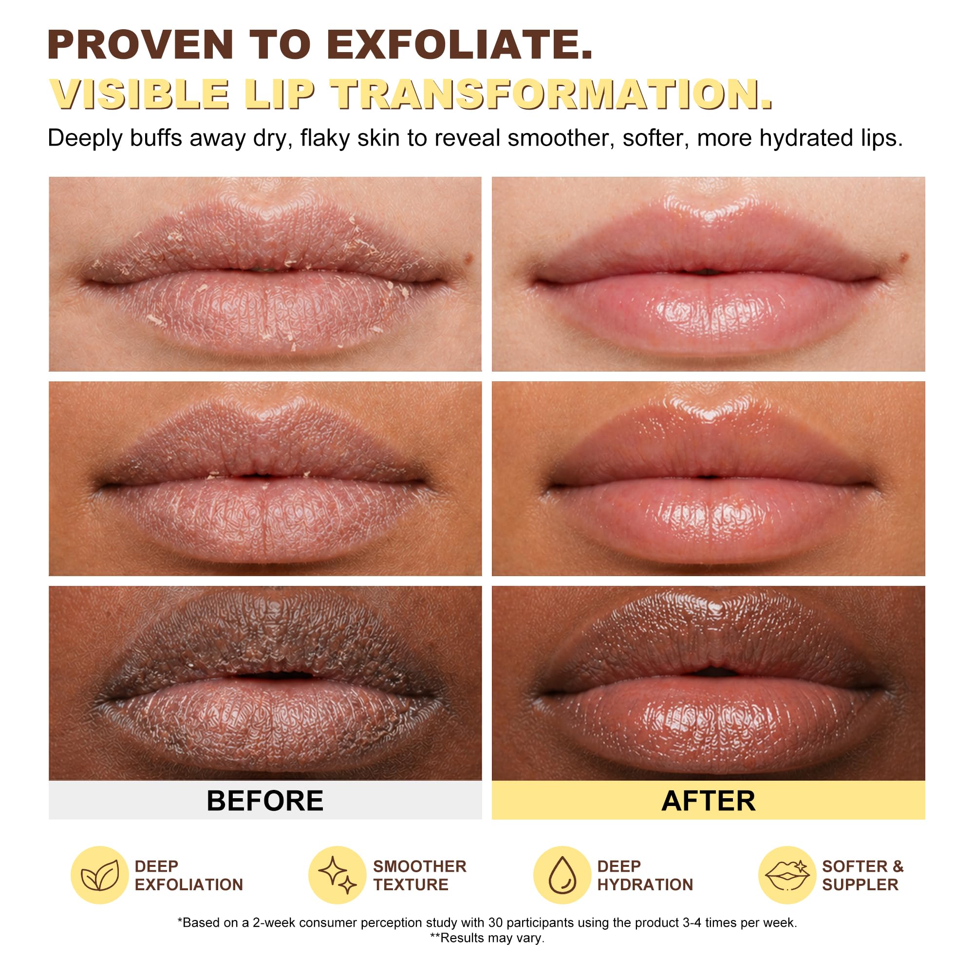EJW applied scrub on lips demonstrating smoothing action and soft finish benefit