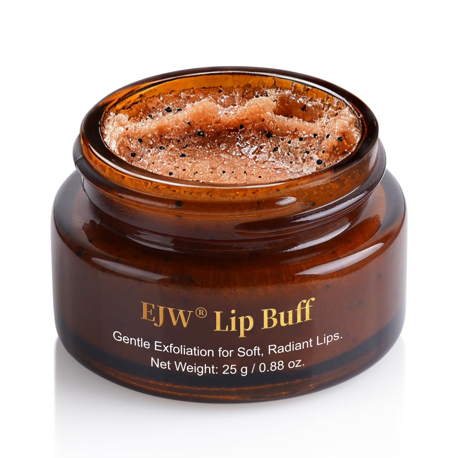 EJW lip scrub front jar showing product and branding for easy identification and appeal