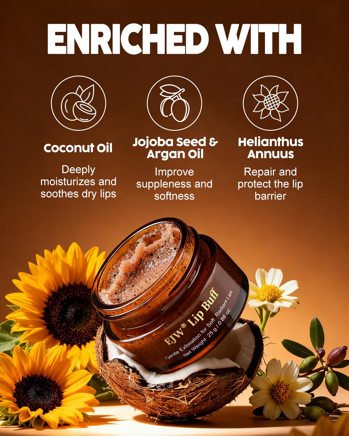 EJW lip scrub held in a hand to show size and portability for on-the-go convenience