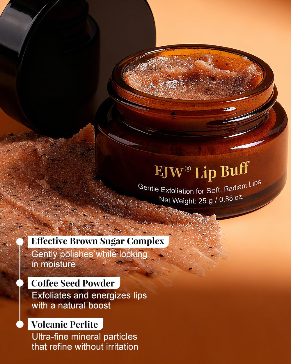 Close-up of EJW scrub texture highlighting fine sugar and perlite for gentle exfoliation benefit