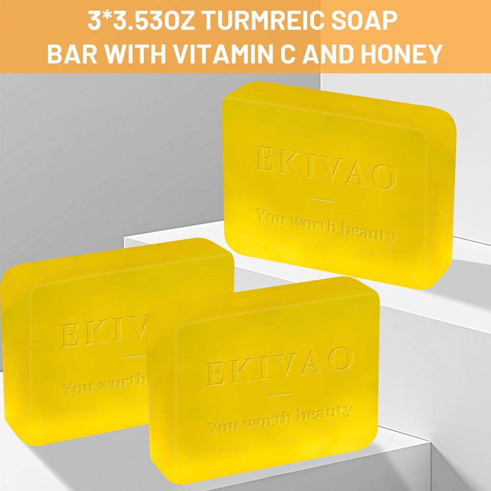 EKIVAO turmeric soap being lathered on a washcloth for daily face and body use