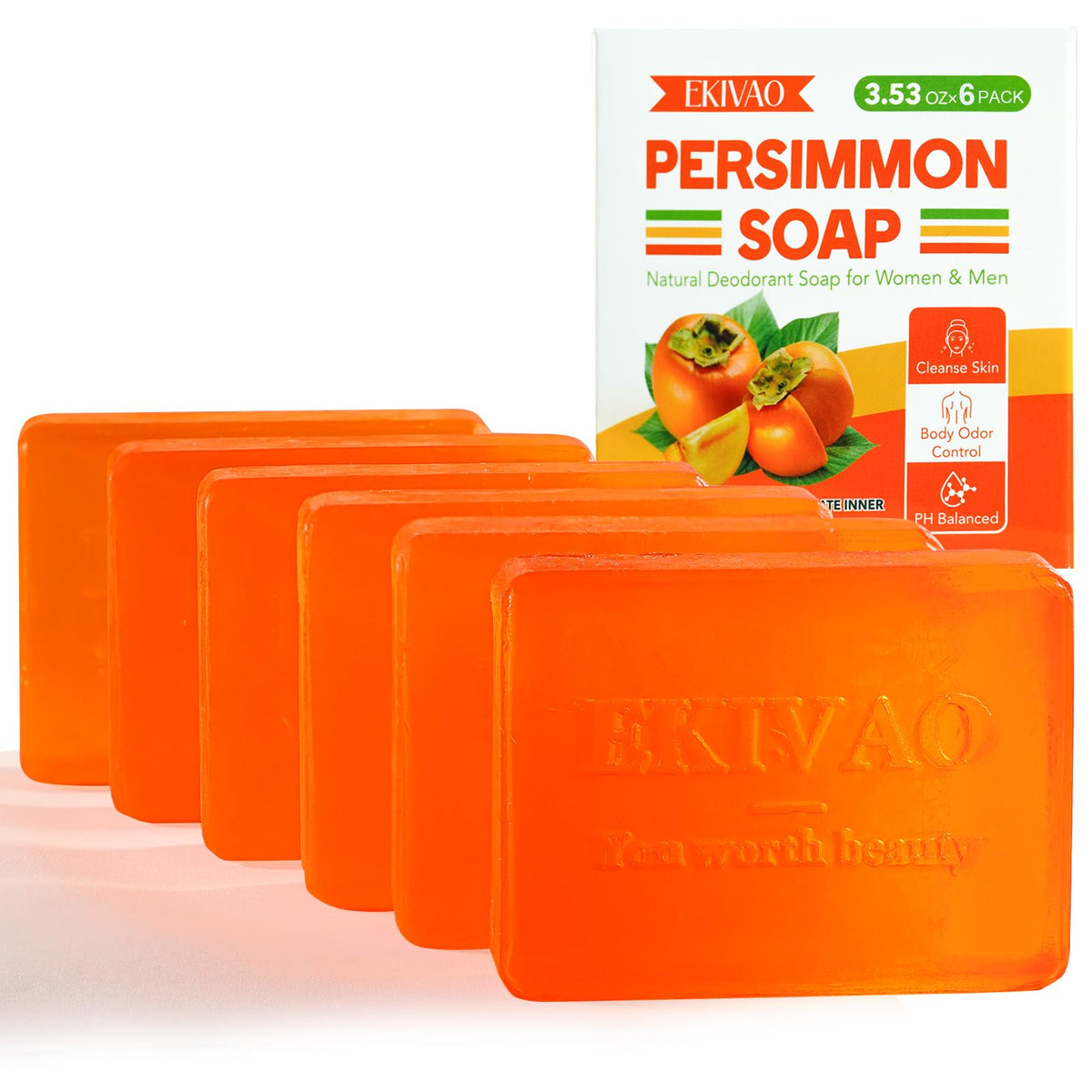 EKIVAO front packaging showing six persimmon soap bars, clear ingredient focus and travel convenience