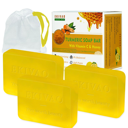 EKIVAO front packaging of 3 turmeric soap bars showing product and brand benefits