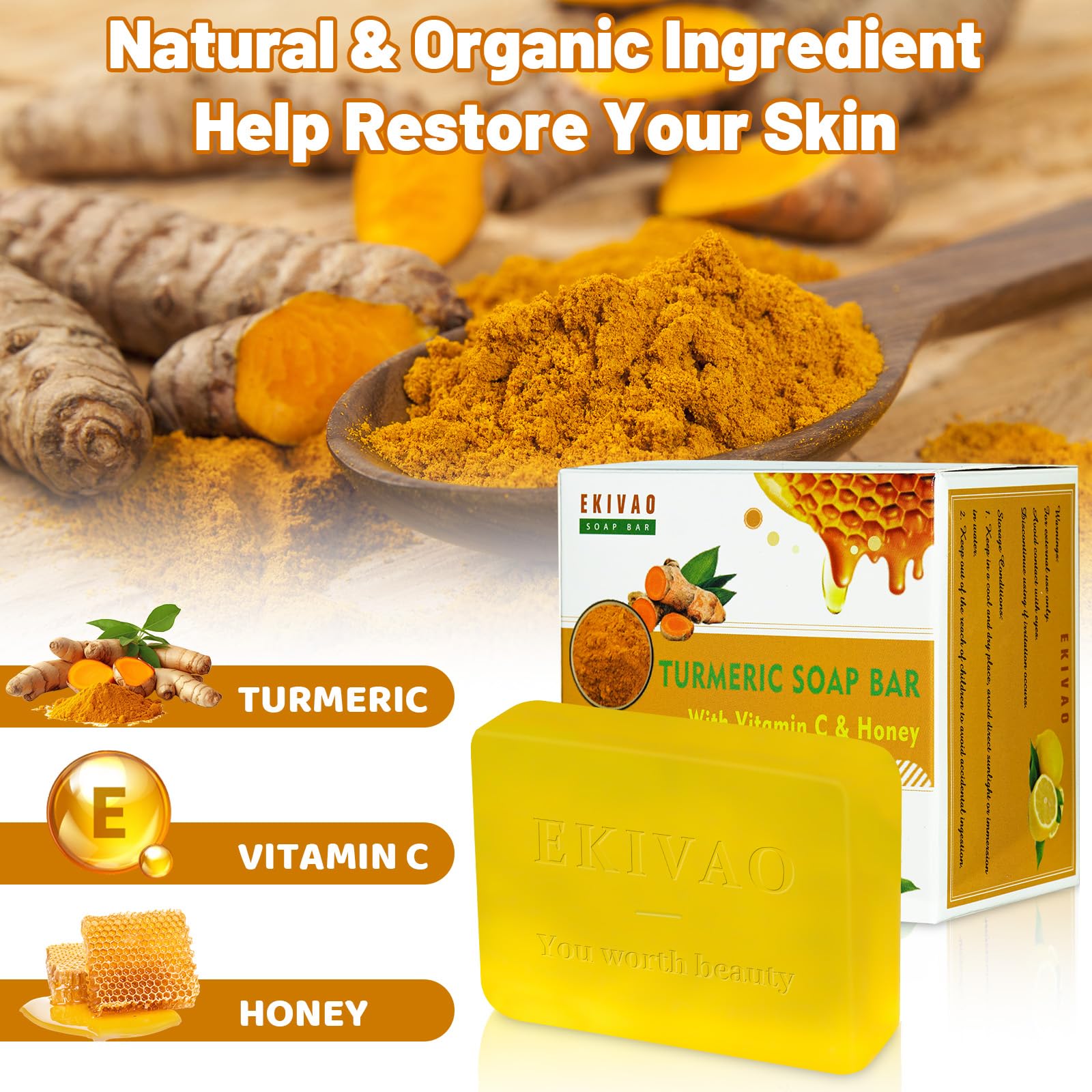 EKIVAO single turmeric soap bar close-up highlighting texture and handcrafted finish