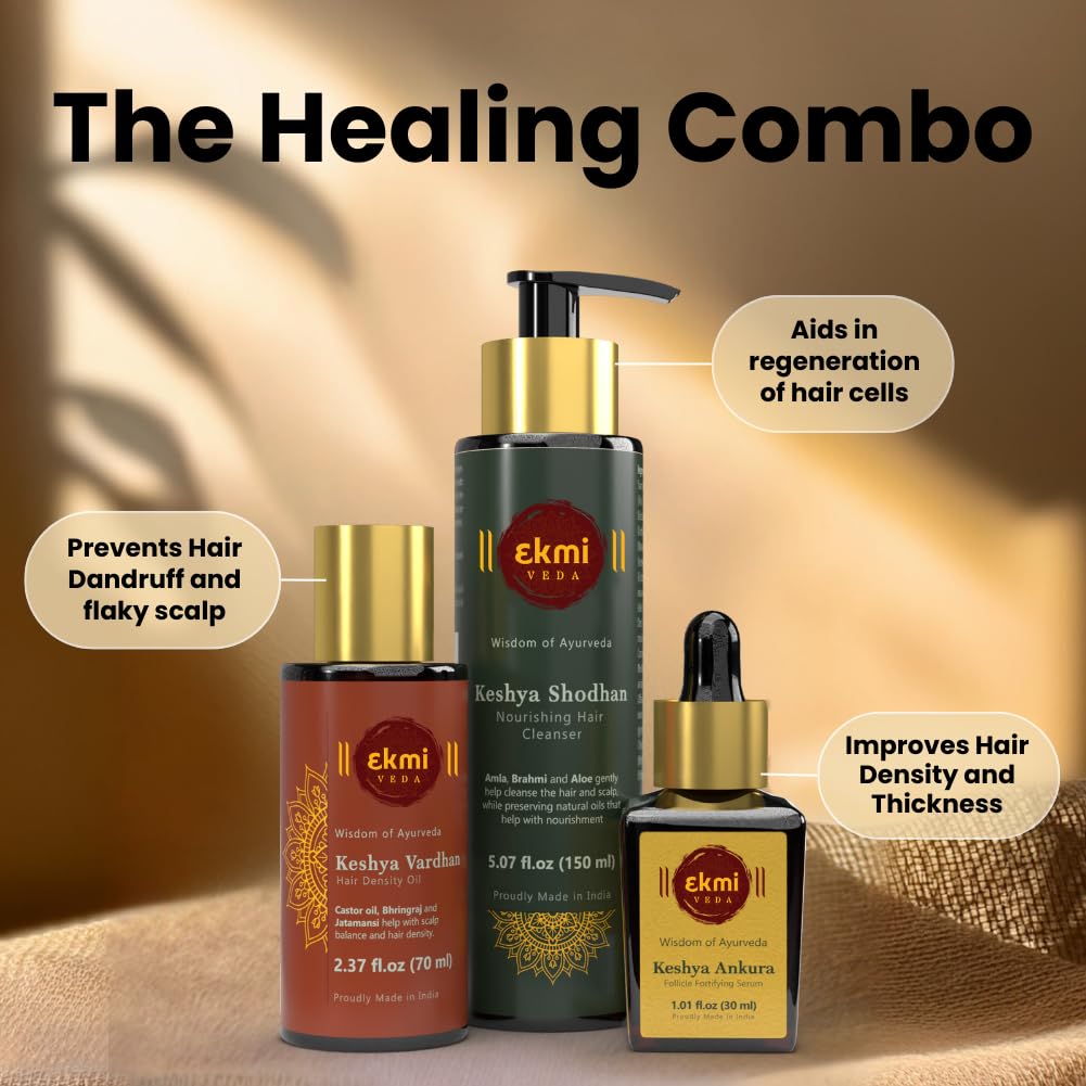 EKMIVEDA hair oil dropper over scalp demonstrating nourishing application benefits