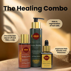 EKMIVEDA hair oil dropper over scalp demonstrating nourishing application benefits