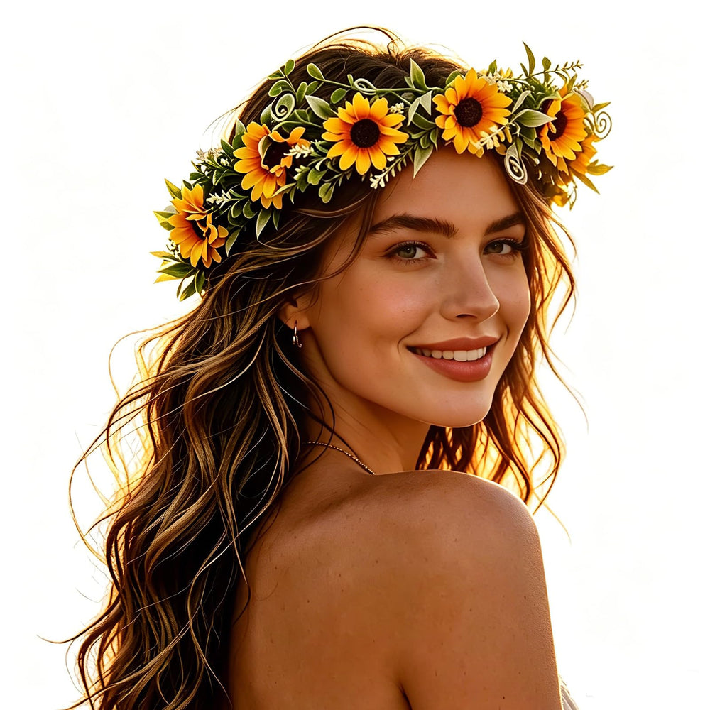 Elandy sunflower crown front view showing bold floral focal and wearable design