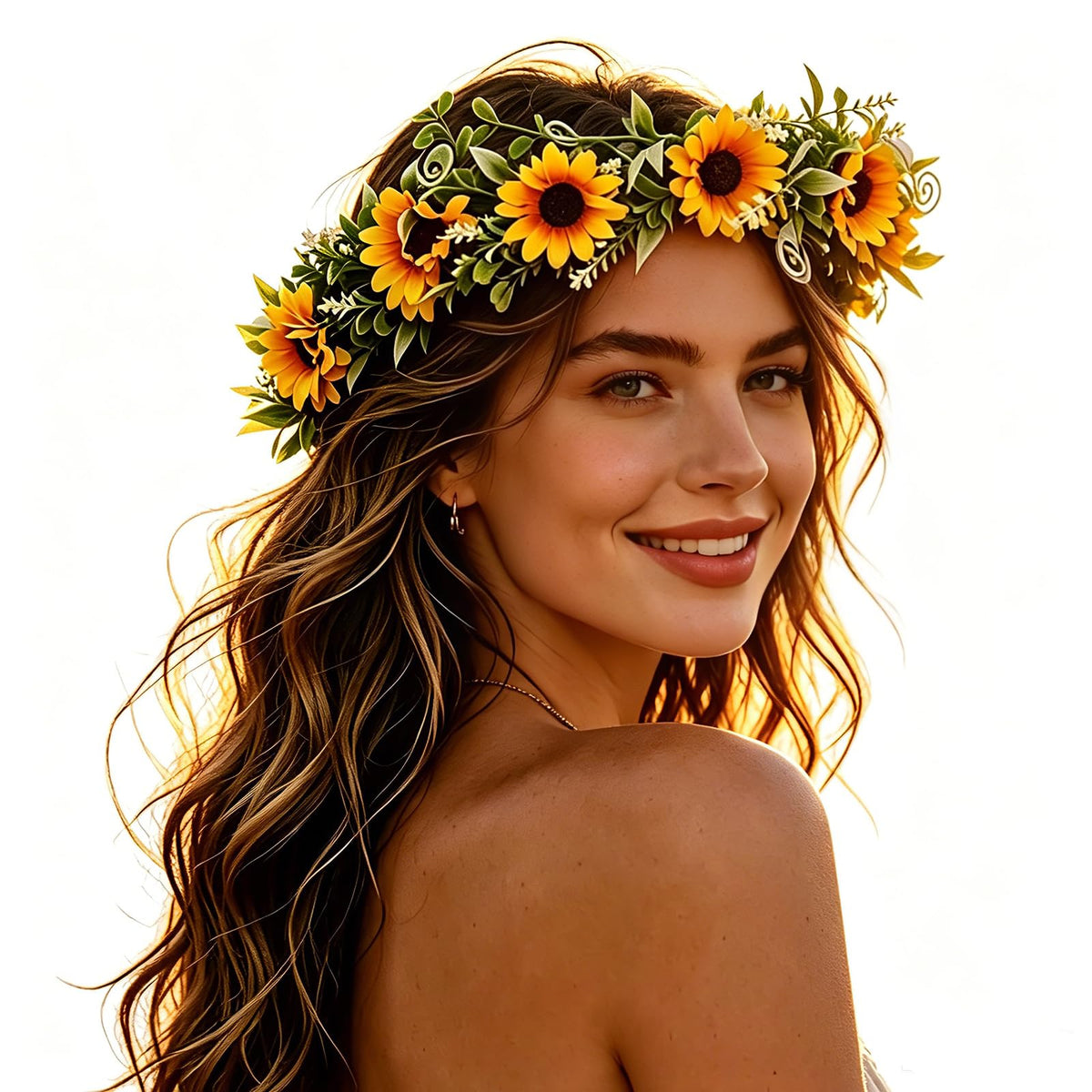 Elandy sunflower crown front view showing bold floral focal and wearable design