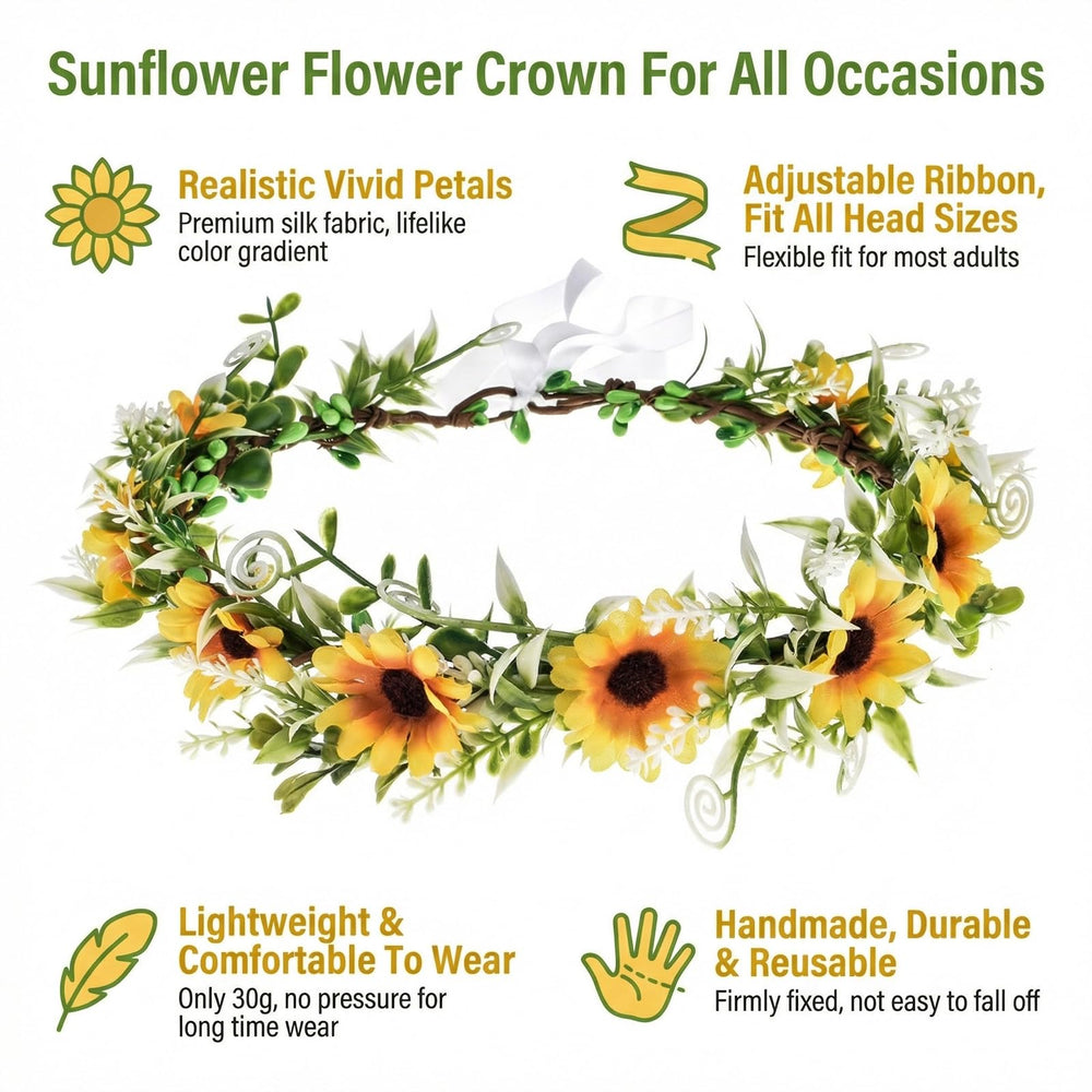 Elandy sunflower crown side profile on model offering natural bridal look
