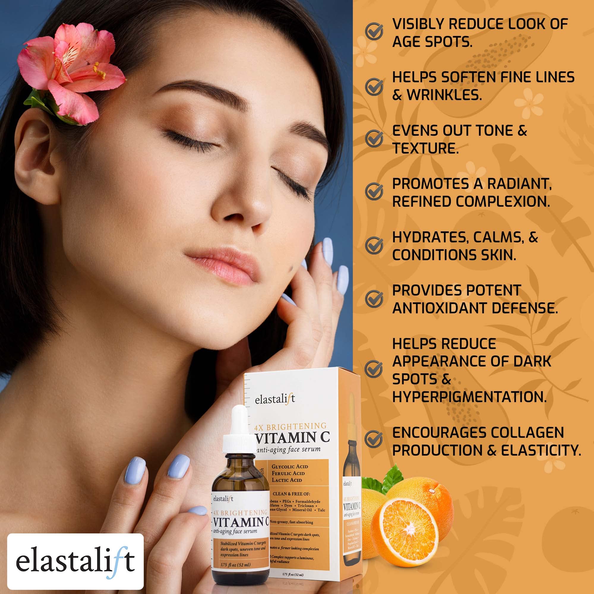 Elastalift ingredients label showing vitamin C hyaluronic acid benefits