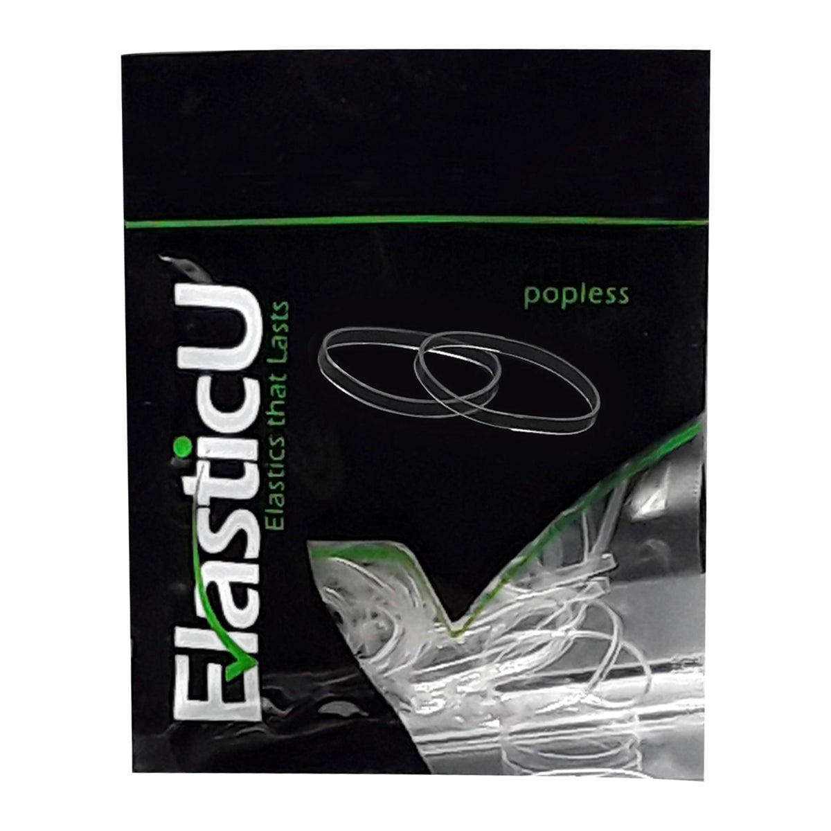 ElasticU front packaging showing clear polybands and resealable pouch for tidy storage