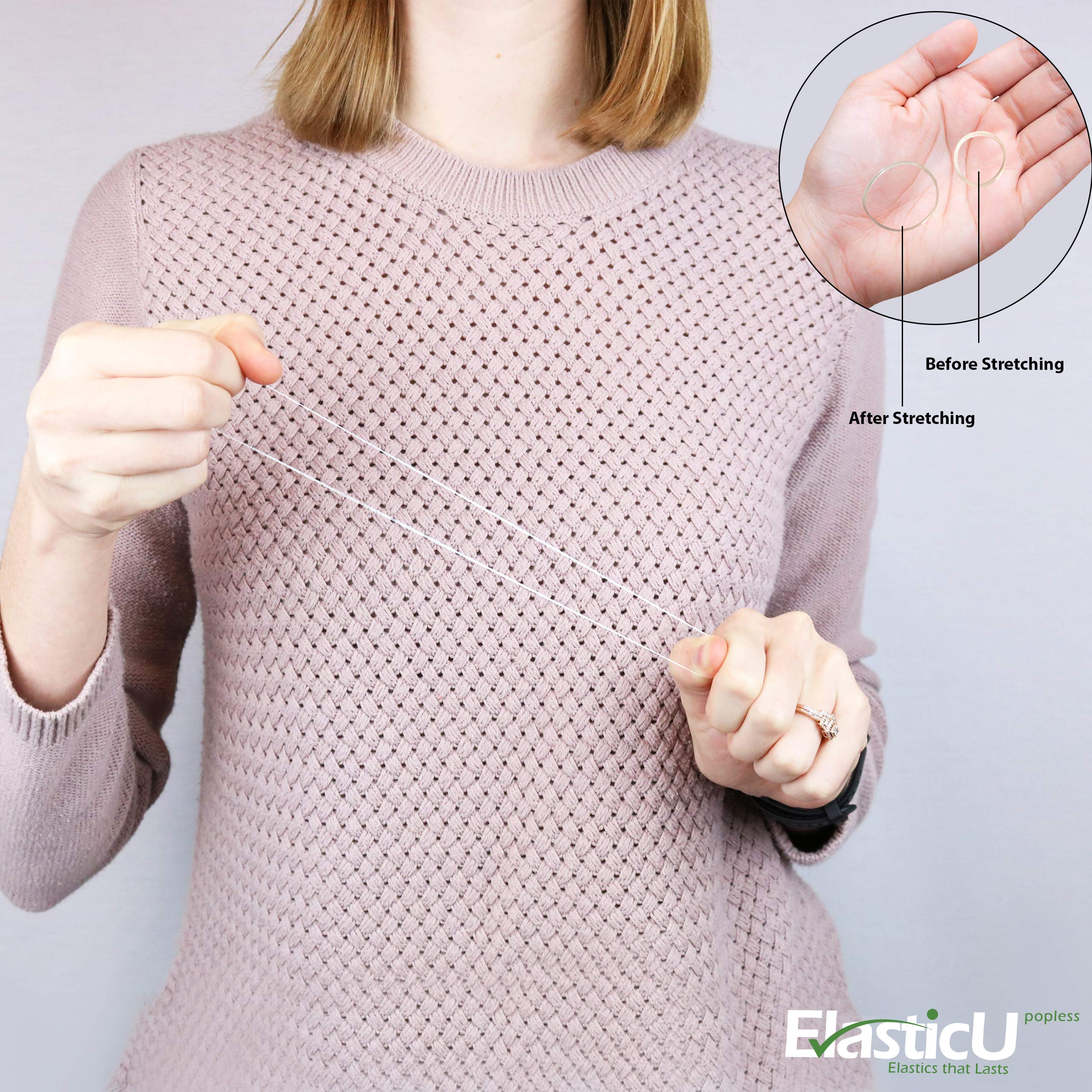 ElasticU band held in hand to show size and flexibility for easy reuse