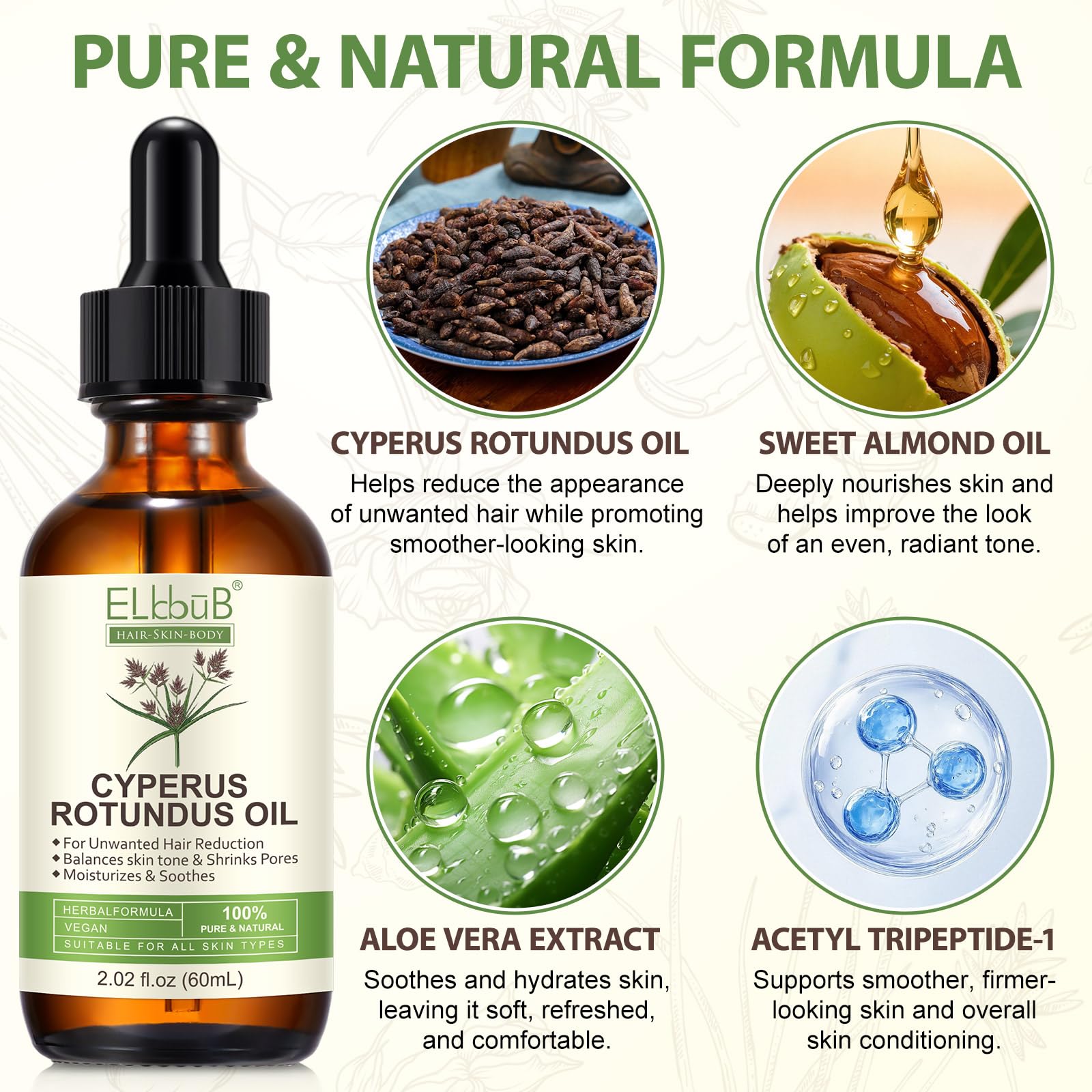 ELBBUB bottle label detail highlighting Cyperus Rotundus ingredient