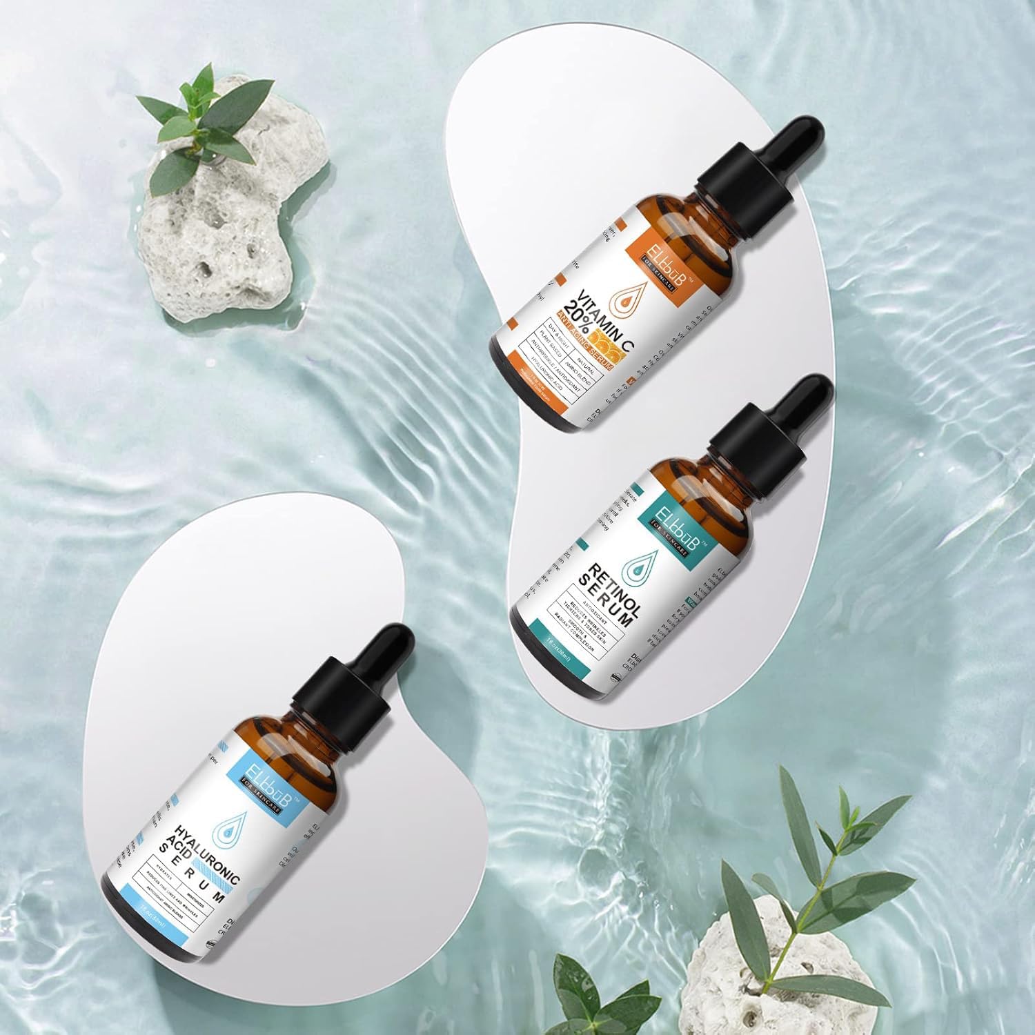 ELBBUB serum set staged on bathroom counter for an easy morning and night routine