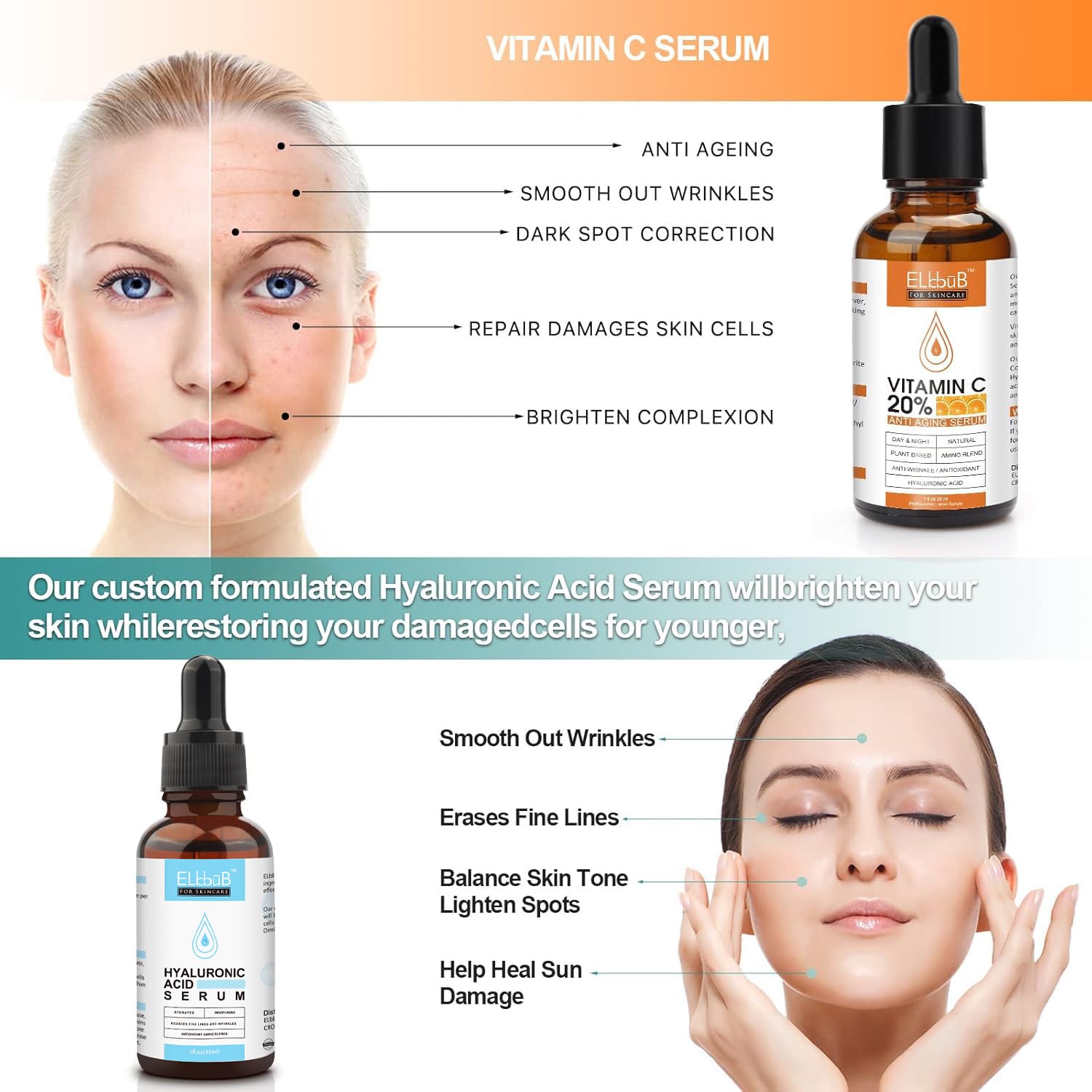 ELBBUB vitamin C serum dropper dispensing a drop highlighting concentrated formula and precise dosing benefit