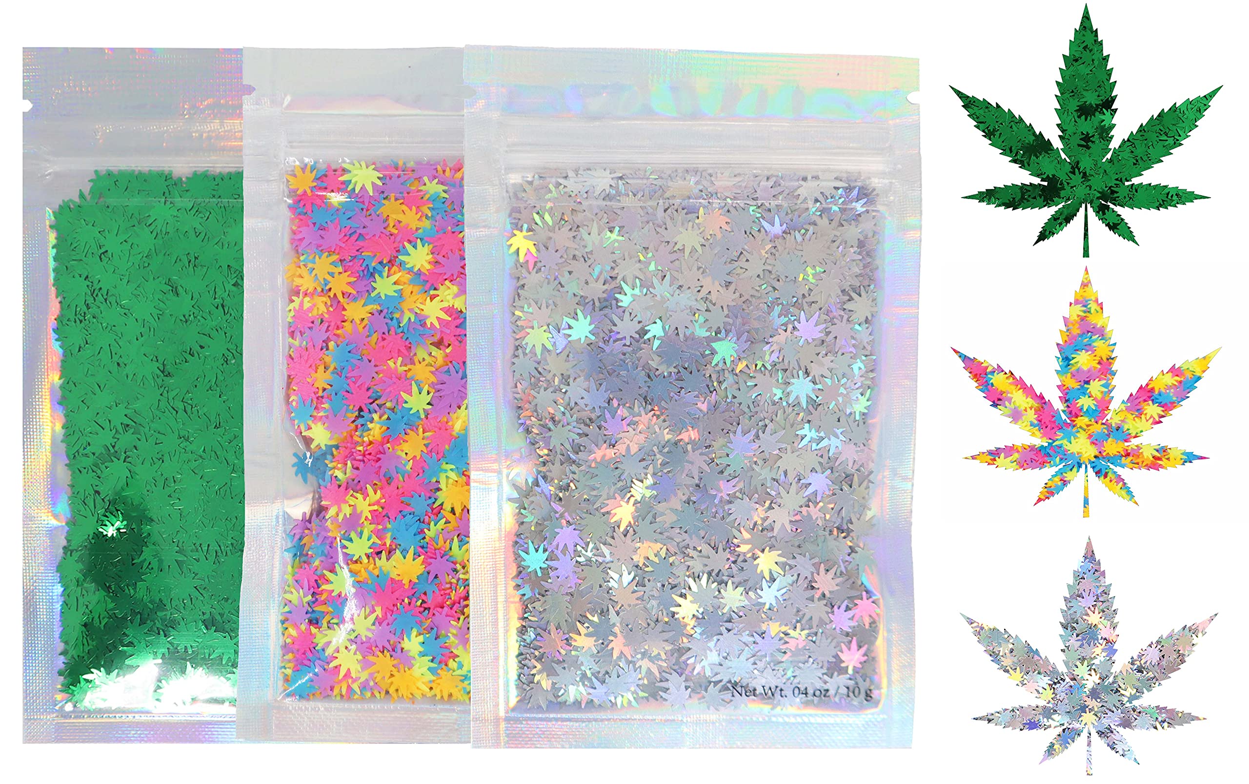 Electric Bliss Beauty front packets showing green rainbow silver leaf glitters, clear labeling and vibrant colors
