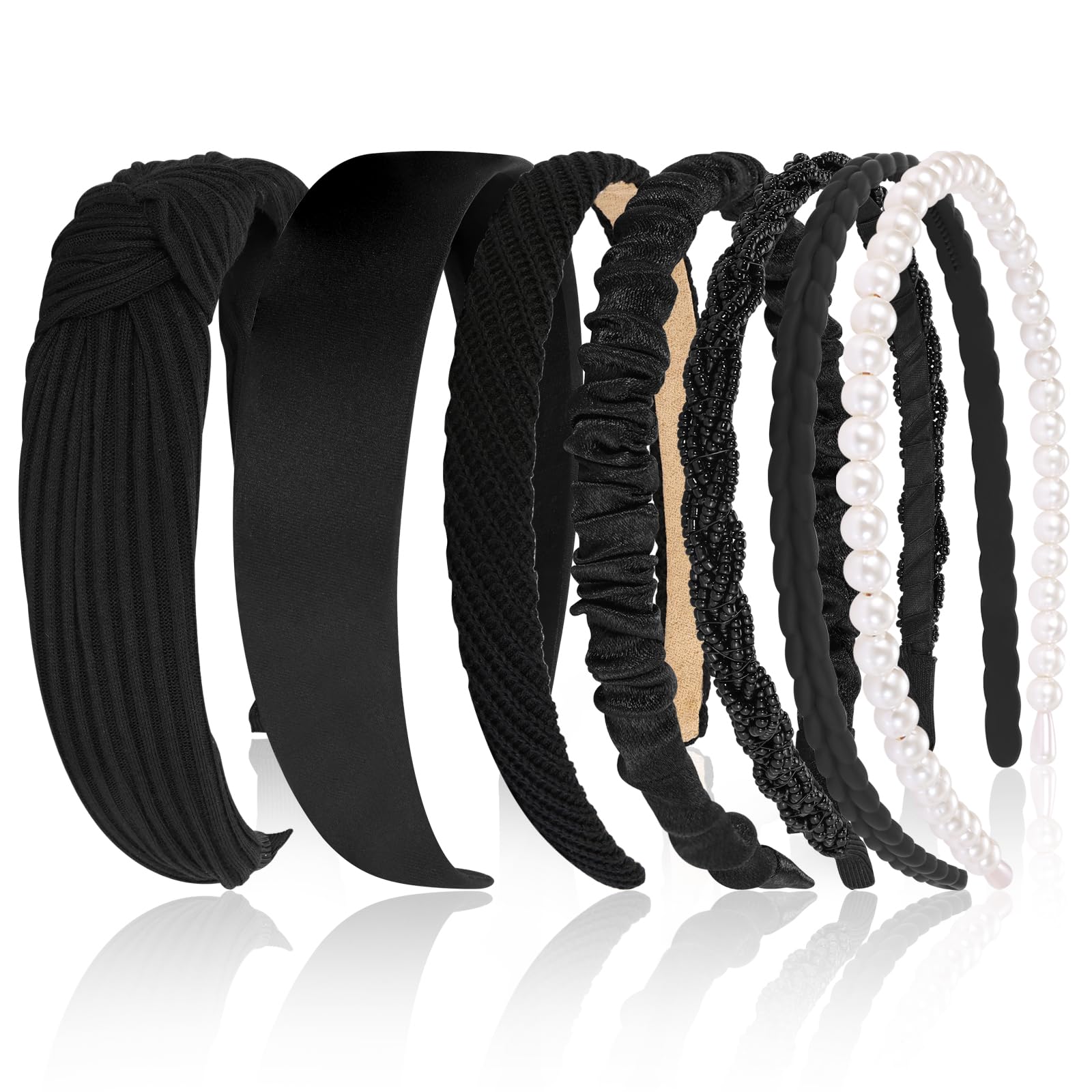 Eleilians front view of seven headbands neatly arranged showing designs and variety