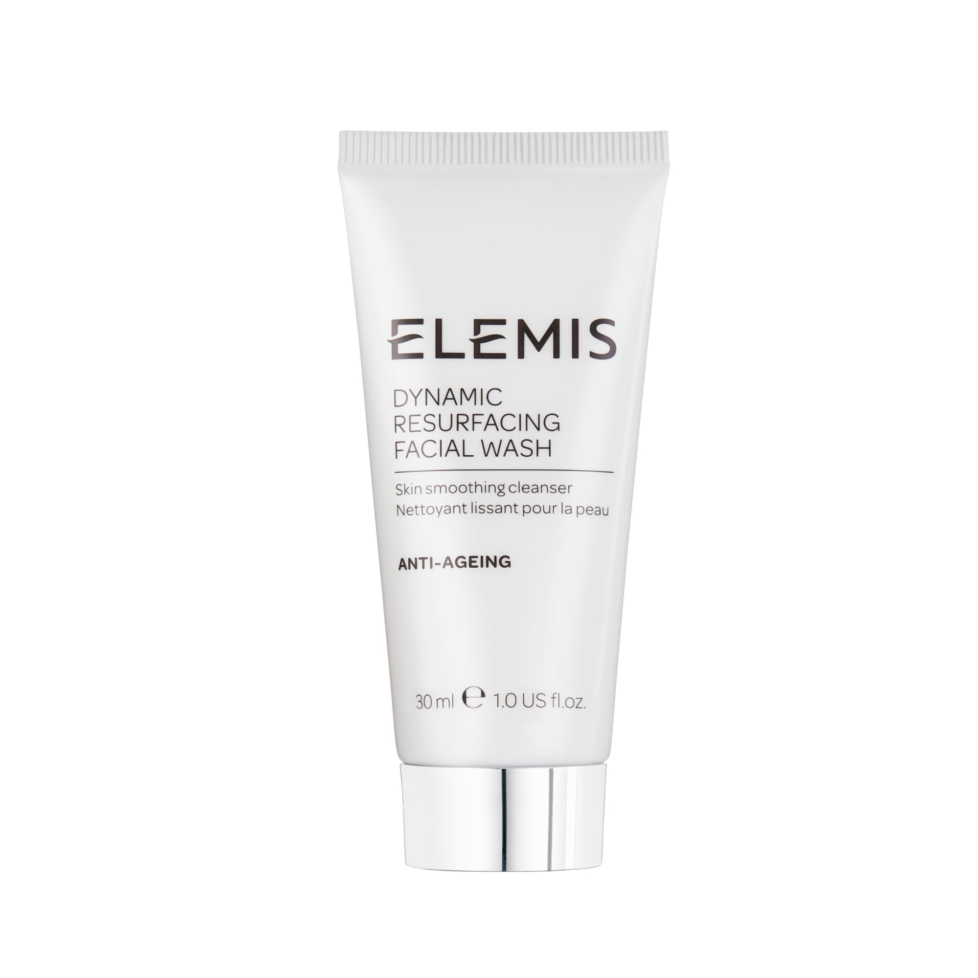 ELEMIS travel facial wash front view showing compact 30ml tube and branding benefit